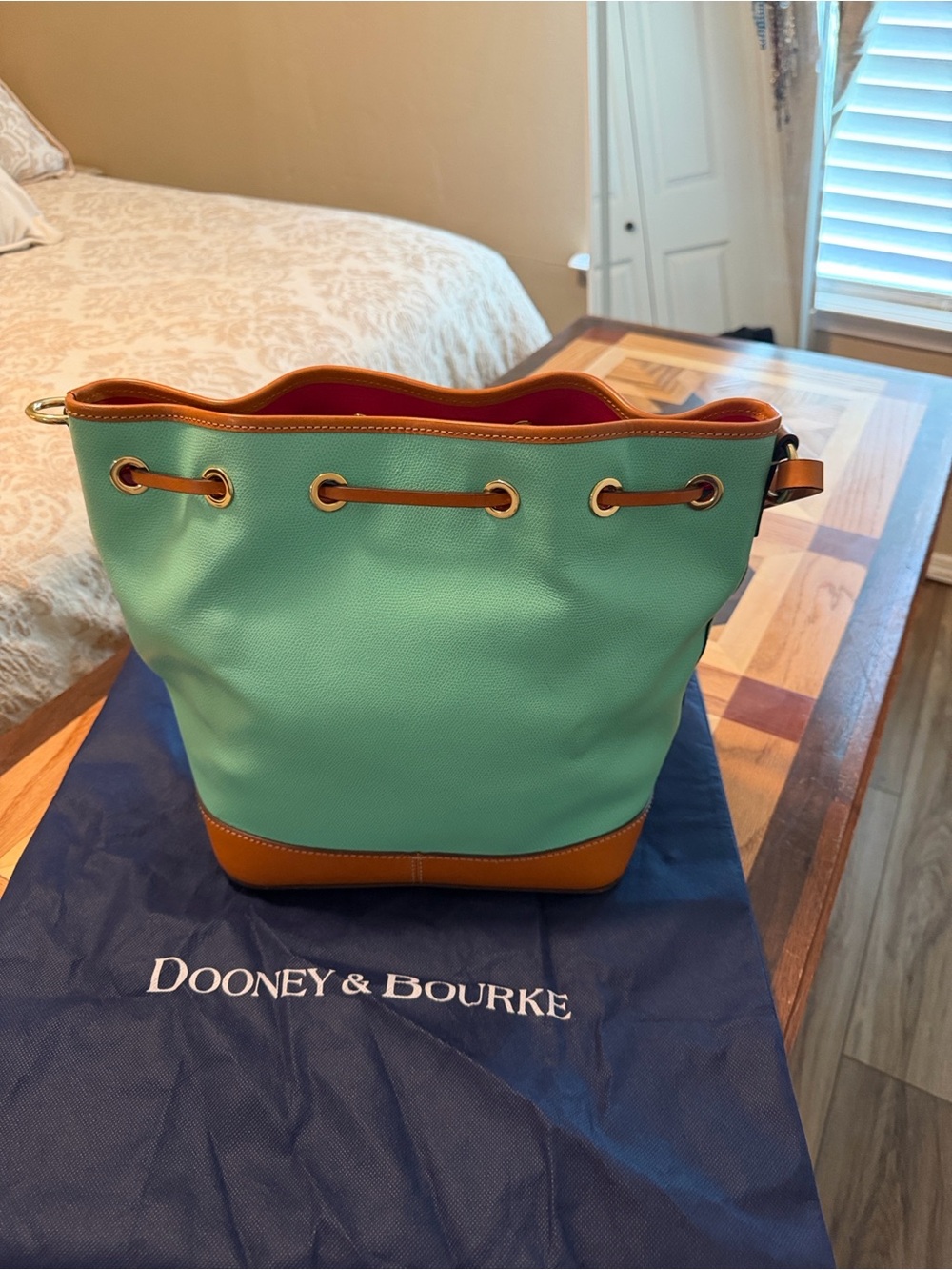 Dooney & Bourke Aqua Leather Drawstring Shoulder Bag with Tan Trim - Picture 2 of 4